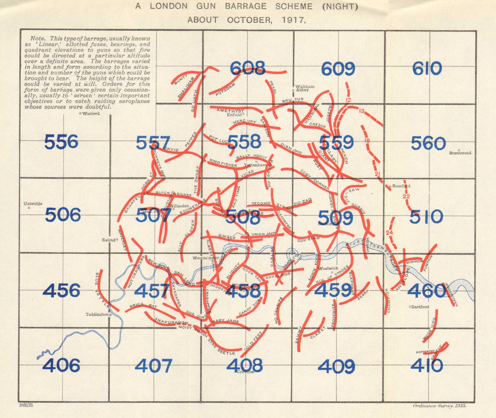 FIRST WORLD WAR. A London Gun barrage scheme (Night) October 1917 1935 old map